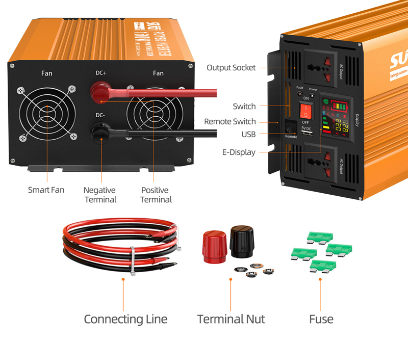 Portable Power Inverter 1500W Dc 12v To Ac 110v 60Hz Pure Sine Wave Inverter High Frequency