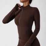 Nude Feeling Thumb Cuff Design Jogging Wear Women′s Jacket Yoga Workout Top Full