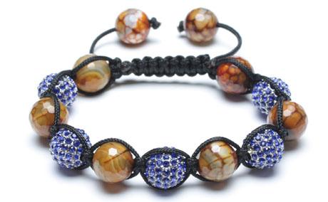Adjustable Shamballa Bracelet, Blue Rhinestone Ball & Cracked Agate Faceted