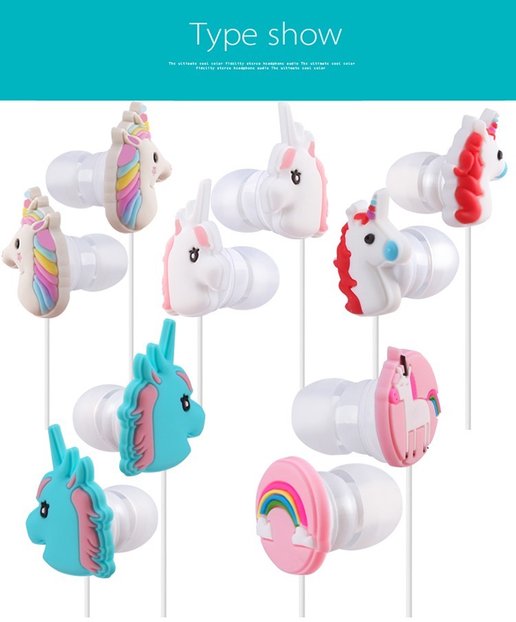 PVC Customized Promotional Gifts Cartoon Unicorn Earphone Wired Stereo Animal Shaped