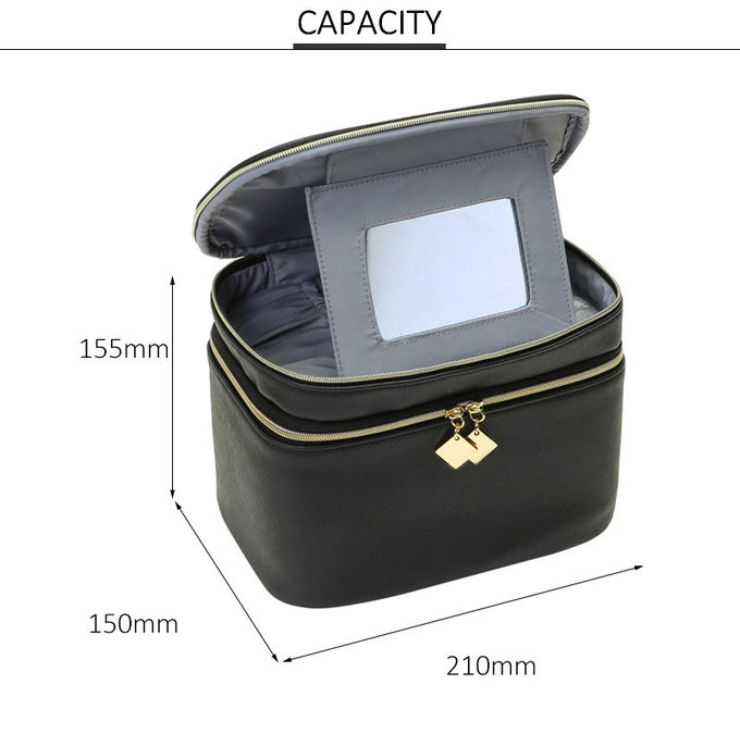 Waterproof PU Leather Cylinder Bucket Makeup Bag With Mirror