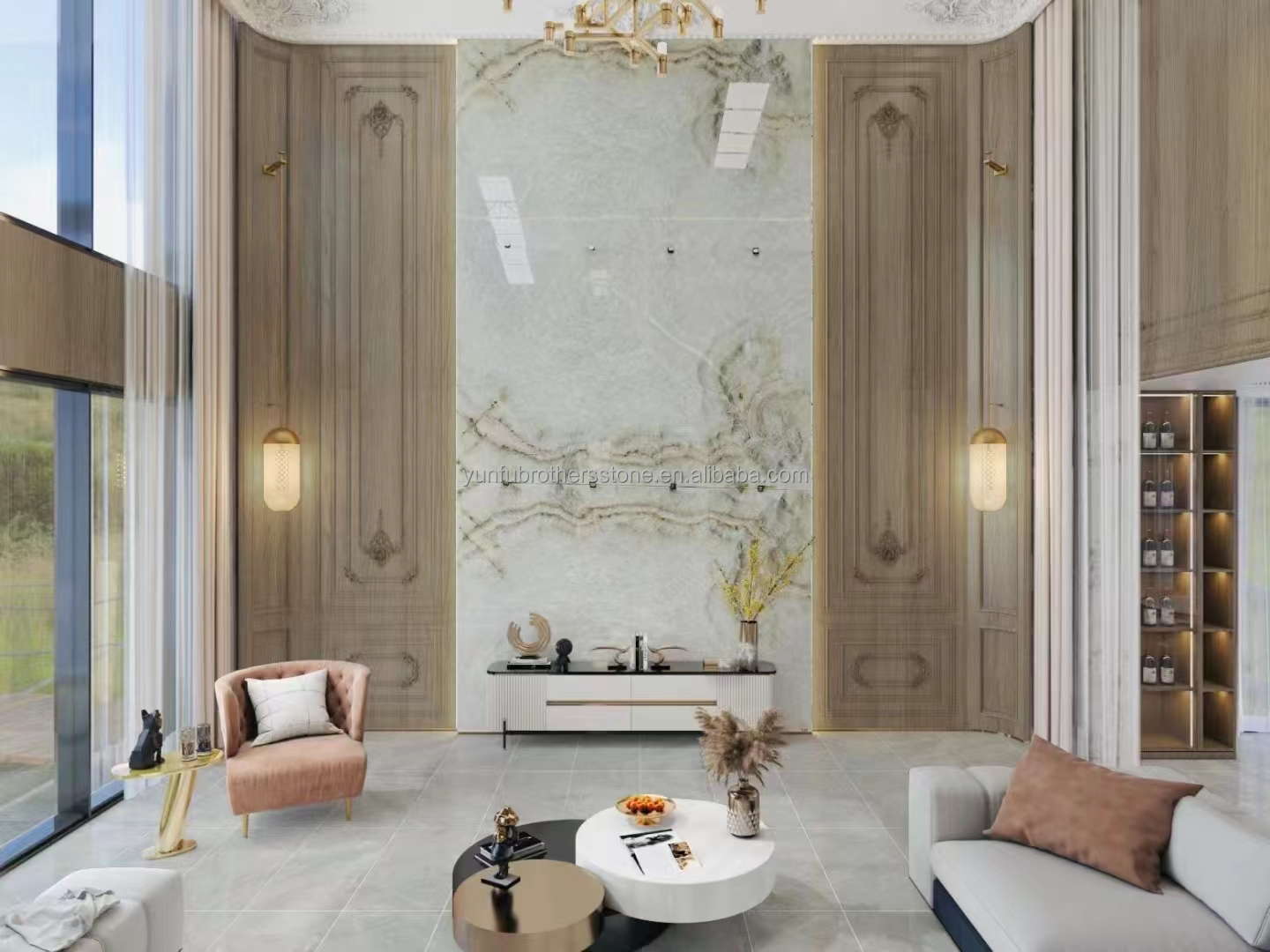 Interior Home Wall Paneling Decor with Modern Backlit Onyx Marble TV Background Panel