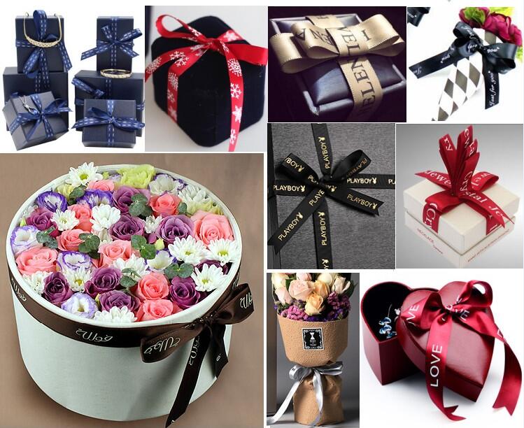 Dark Green Hot Foil Ribbon , Flowers Printing Thin Gift Wrap Ribbon