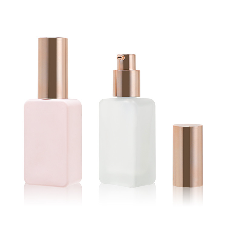 Lotion Pump Glass Foundation Bottle Gold Square Skin Care Cosmetic Packaging 35ml