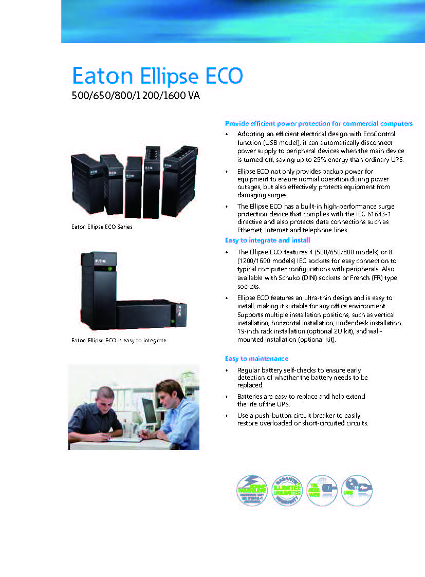 Single Phase Eaton Ellipse Offline UPS 800VA/500W with 4 IEC Outlets and USB Port