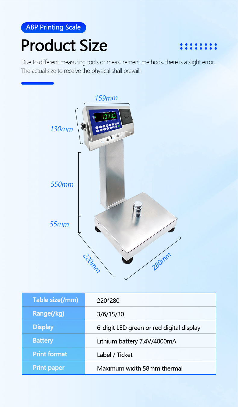 1 Advanced A8SP printing small platform scale square vertical bar 22cm*28cm 3kg capacity