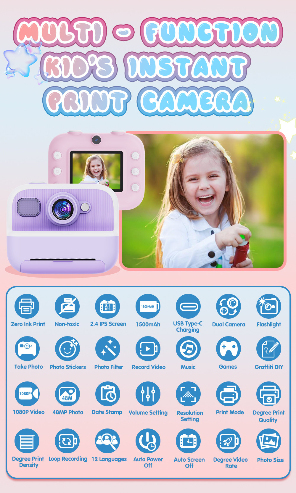 2.4Inch Screen Mini Inkless Printer Portable Digital Camera Kids Gift