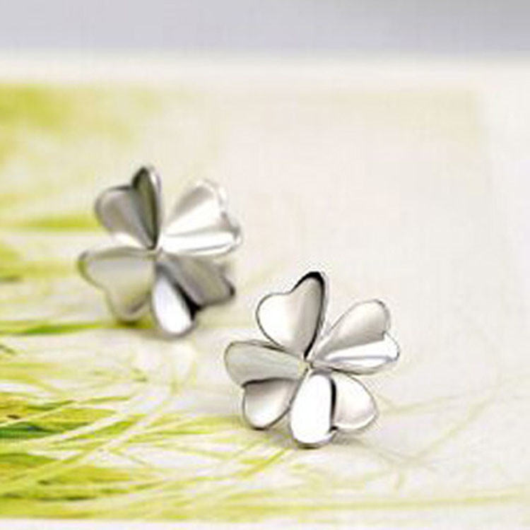 Fashion 925 Silver Plated Good Luck Four Feaf Clover Flower Stud Earrings (EESTUD08)