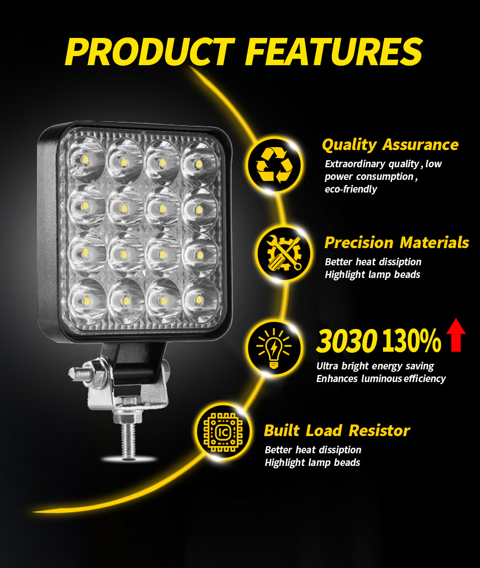 48W Square Vehicle LED Work Lights Bright 16 Leds Car Led Worklight