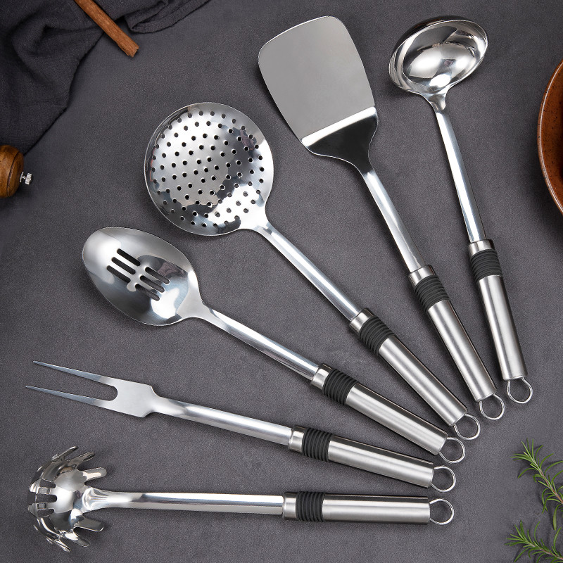 High grade Custom 6PCS set Kitchen tool with tray Stainless steel ladle turner fork spaghetti spoon for kitchen cook