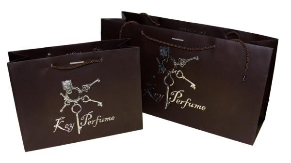 Stamped Logo Brown Matte Coated Paper Carrier Bag Silvery Embossed Logo Twist