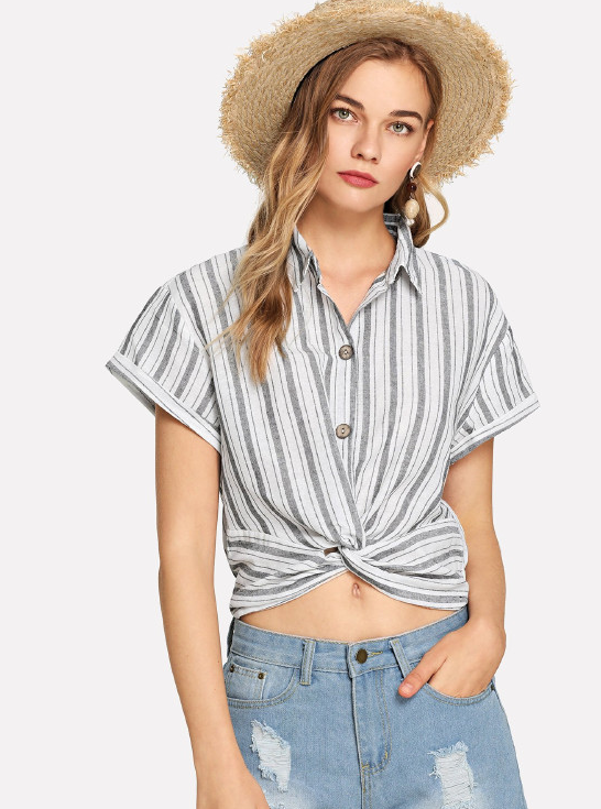 2019 Fashion women stripe design blouse with shirt collar