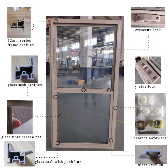 Tudor Home UPVC PVC Aluminium Windows Single Hung With Mesh