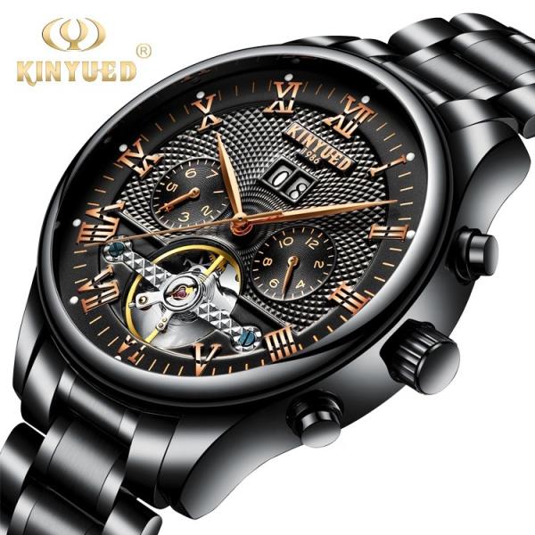 Fashion Stainless Steel Tourbillon Movement Mens Watch Waterproof KINYUED