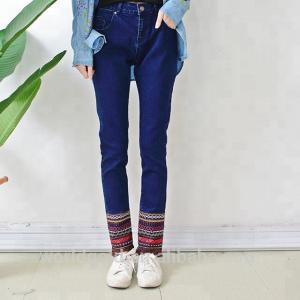Wholesale Embroidery Tassel Leg Stretch Denim Jeans For Ladies Dark Blue Color from china suppliers