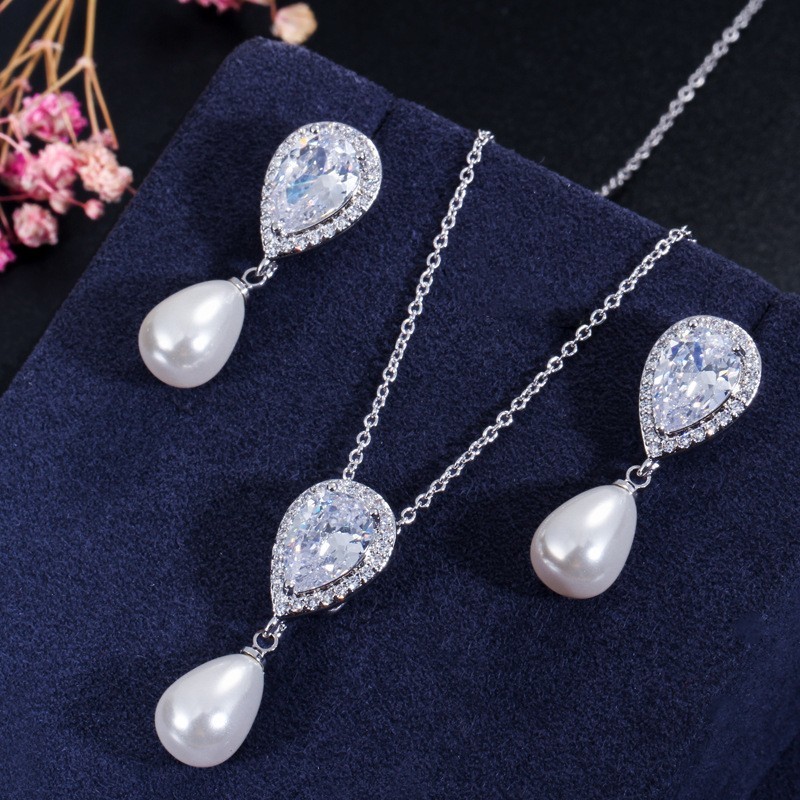 Ladies Luxury CZ Zircon Bridal Wedding Jewelry Sets Exquisite Necklace Earring Set Jewelry For Women