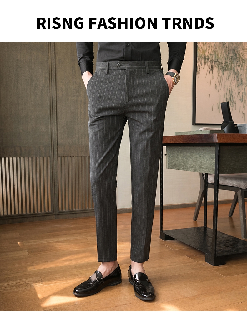 Autumn Formal Pants for Men Thick Stripes and Mid Waist Design Plus Size Trousers