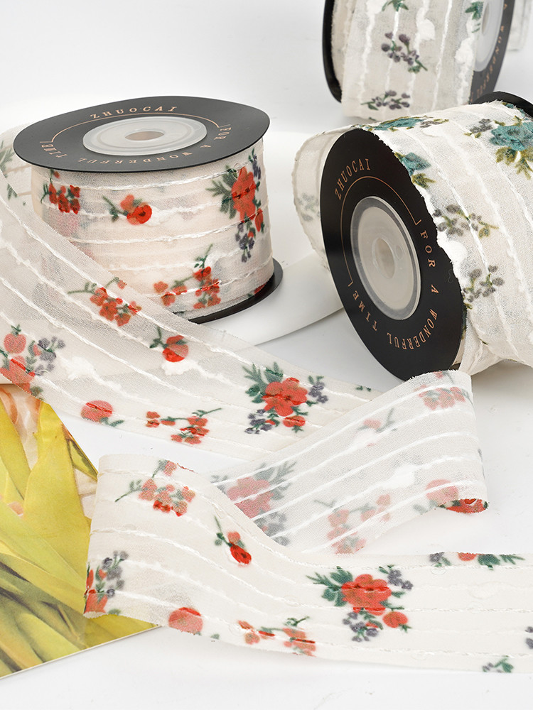 Flower Printed Personalized Organza Ribbon 4cm Flora Ivory Organza Ribbon
