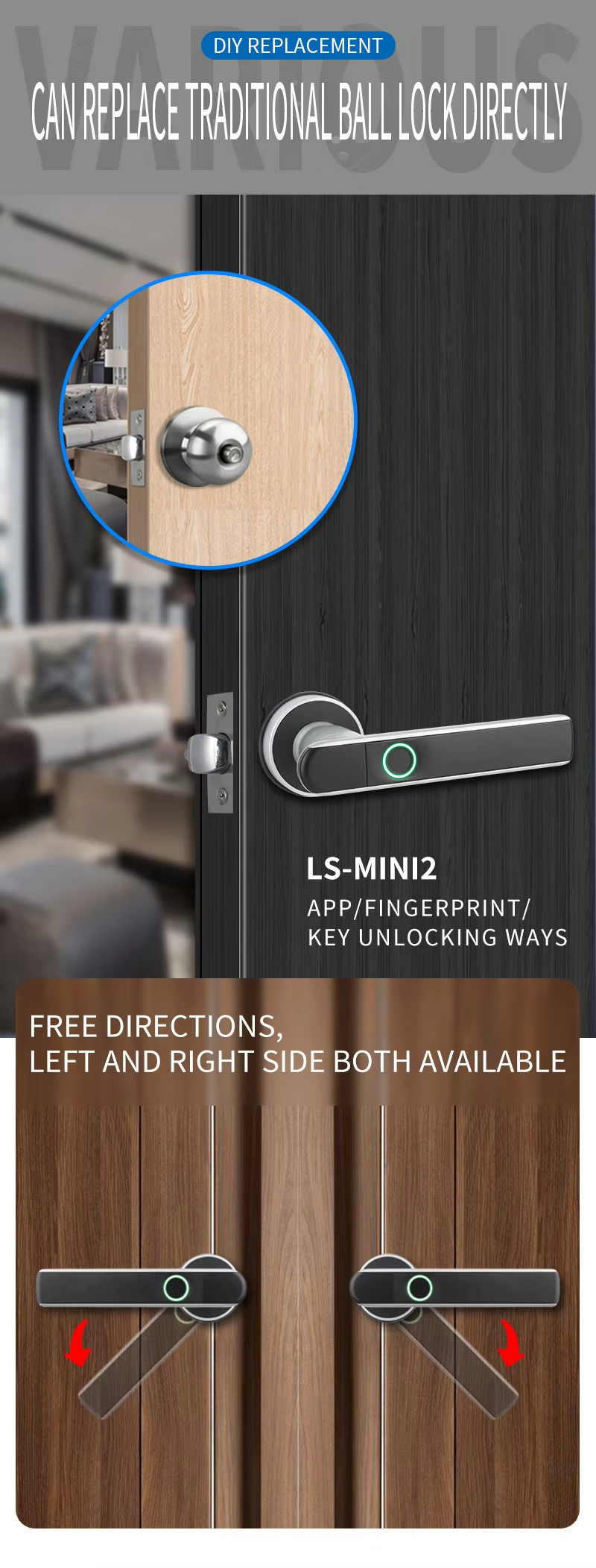 Zinc Alloy Fingerprint Door Lock Black Code Handle Lock Mini With Single Latch