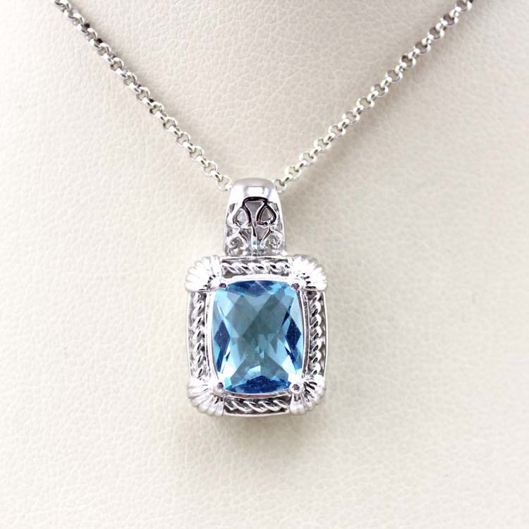 White Gold Plated 925 Silver Blue Topaz Cubic Zirconia Square Pendant Necklace (P04)