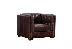 Grey Brown High Back Leather Armchair Deep Button Back Feather Filling Cushion