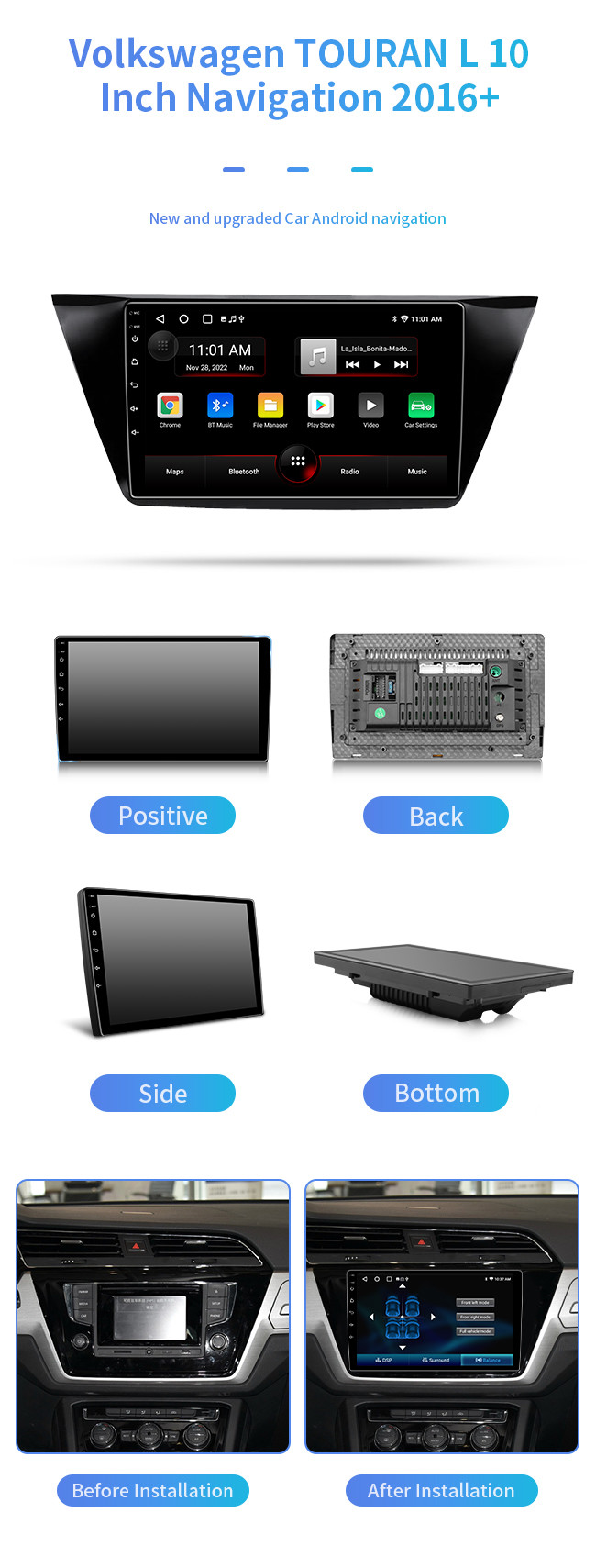 IPS HD Large Screen Car Sat Nav With Bluetooth 10'' For Volkswagen TOURAN L 2016+