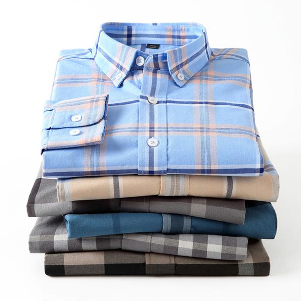 Button Down Collar Casual 100% Cotton Oxford Men's Long Sleeve Plaid Shirt for