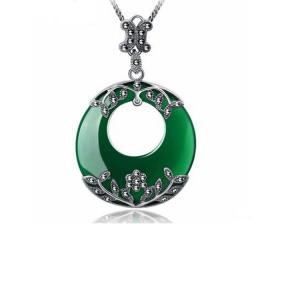 Wholesale Thai Silver Green Agate Pendant Necklace Marcasite Retro Jewelry(N11061GREEN) from china suppliers