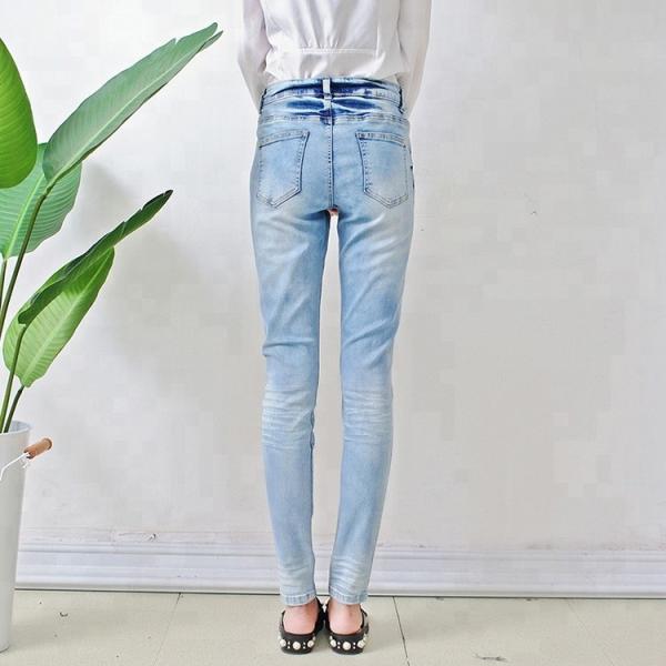 Bulk order china cheap price branded women jeans light blue fancy design ladies