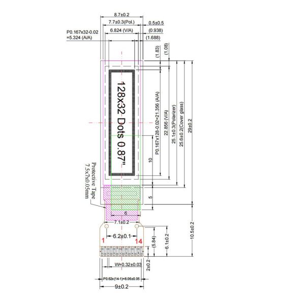 0.87 Inch PMOLED Display, 128x32 14 Pins I2C Interface, Driving IC SSD1316
