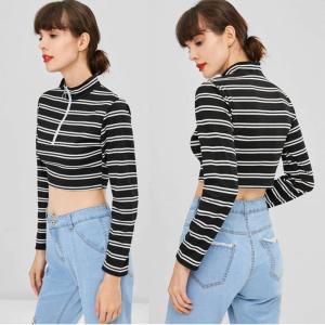 Wholesale Trendy Women Clothing Stripe Long Sleeve O Ring Zip Crop Tee Top from china suppliers