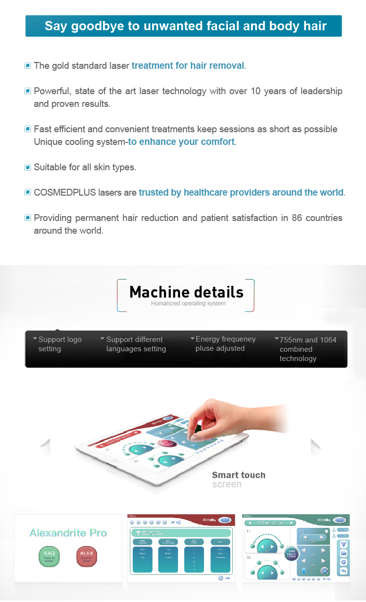Laser Hair Removal Machine with 755nm Alexandrite and 1064nm Long Pulse Nd Yag Laser