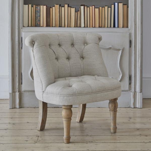 Vintage wooden accent chair with linen fabric tufted button event rental leisure