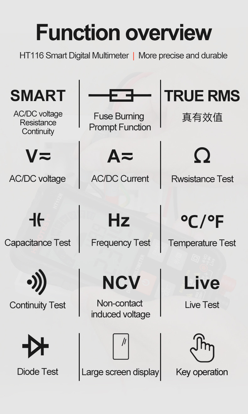HT116 Digital Multimeter 9999 Counts Auto Range 1000V 10A Tester Meter Ohm Hz Capacitance True RMS Smart Multitester