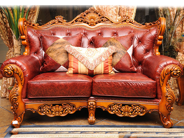 Top Grain Royal Wood Carved Baroque Sofa High Elastic Antique Leather Couch