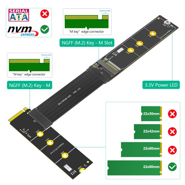 90 Degree M.2 NVMe SSD Extension Cable 64Gbps High Speed