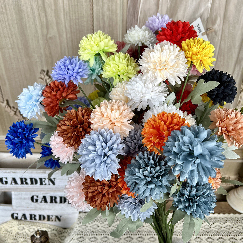 3-Headed Chrysanthemum Imitation Authentic Bouquet Wedding Flowers High End Touching Silk Flower Finished Decoration Living Room Decoration