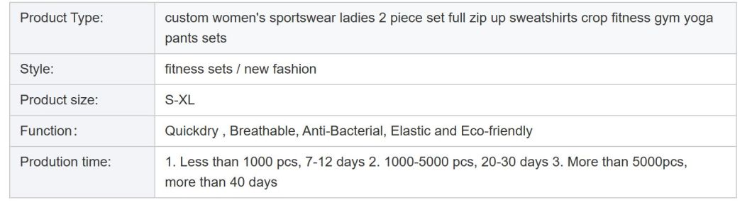 Women&prime;s Sportswear Ladies 2 Piece Set Full Zip up Sweatshirts Crop Fitness Gym Yoga Pants Sets