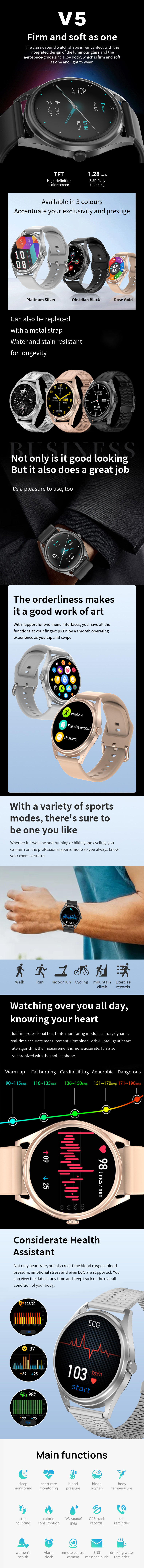 1.28 Inch Round Screen Men'S Waterproof Smart Watch Full Touch V5 Support Voice Assistant