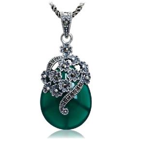 Wholesale Thai 925 Silver Pendant Necklace Green Agate and Marcasite(JX467GREEN) from china suppliers