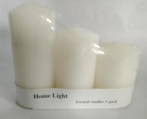 China 3pk white pillar candle packed into paper tray,then whole set be shrinked on sale