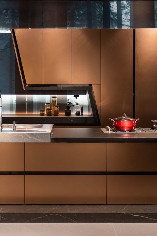 Rose Gold Modern Kitchen Cabinet With Geometric Lines And Stainless Steel Durability