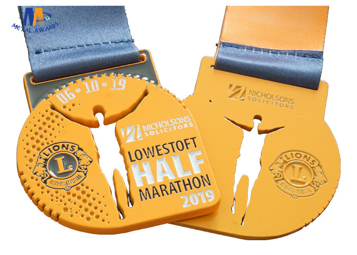 Round Custom Sports Medals / Spray Yellow Cut Out And Soft Enamel Medailles With Heat Transfer Ribbon