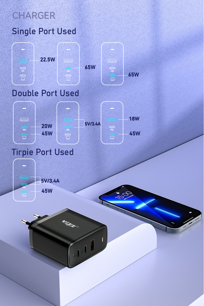 Fireproof PC 65w GaN Charger 3 Port Output For Mobile Phone / Tablet