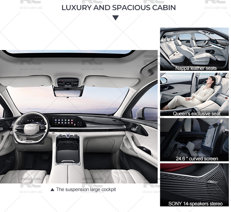 LUXURYAND SPACIOUS CABIN The suspension large cockpit Nappa leather seats Queen's exclusive seat 24.6" curved screen SONY 14-speakers stereo