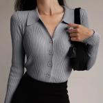 Lapel Slim Top Women′s Hollowed out Button Sexy V-Neck Long-Sleeved Polo Neck