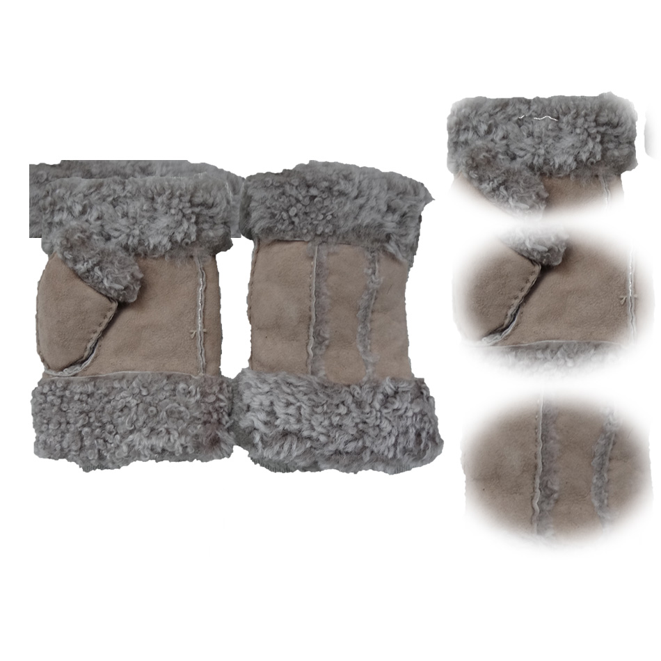 Stock Ladies Lambskin Gloves with Curly Fur Trim Cuff Shealring Sheepskin Fingerless Gloves