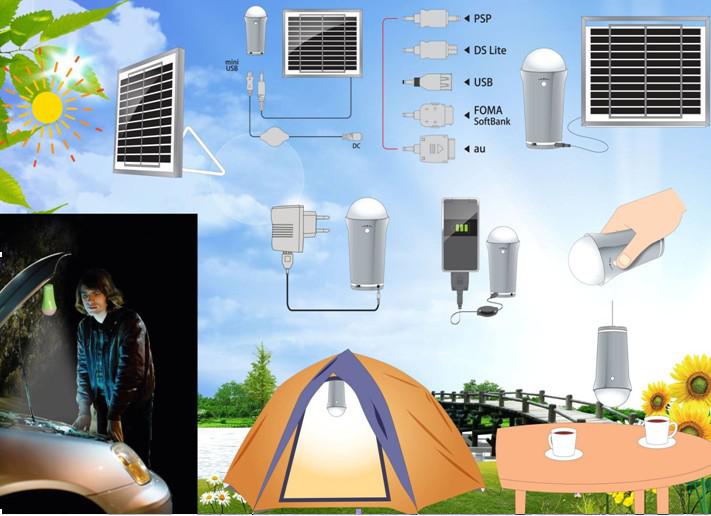 Mini solar lamps 5W with 2pcs LED bulbs high lumens with hook and mobile charging