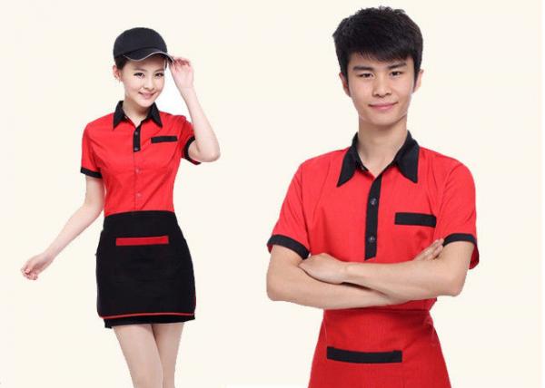 Quality Red And Black Color Restaurant Staff Uniform Cotton New Polo Style For Waitresses for sale