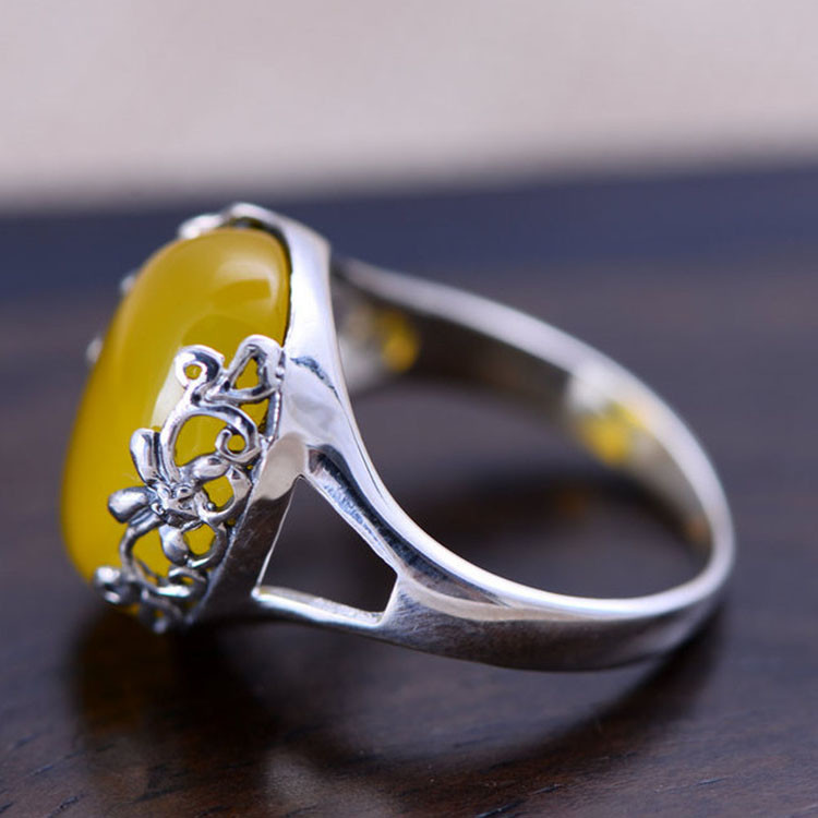 Sterling Silver Ring with Yellow Chalcedony Women Vintage Ring (XH049190W)